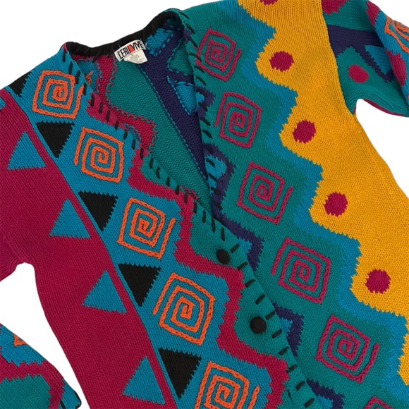Vintage 80’s L'EAU VIVE Funky Multi-pattern Geometric Knit Long Cardigan sz L - Picture 5 of 7